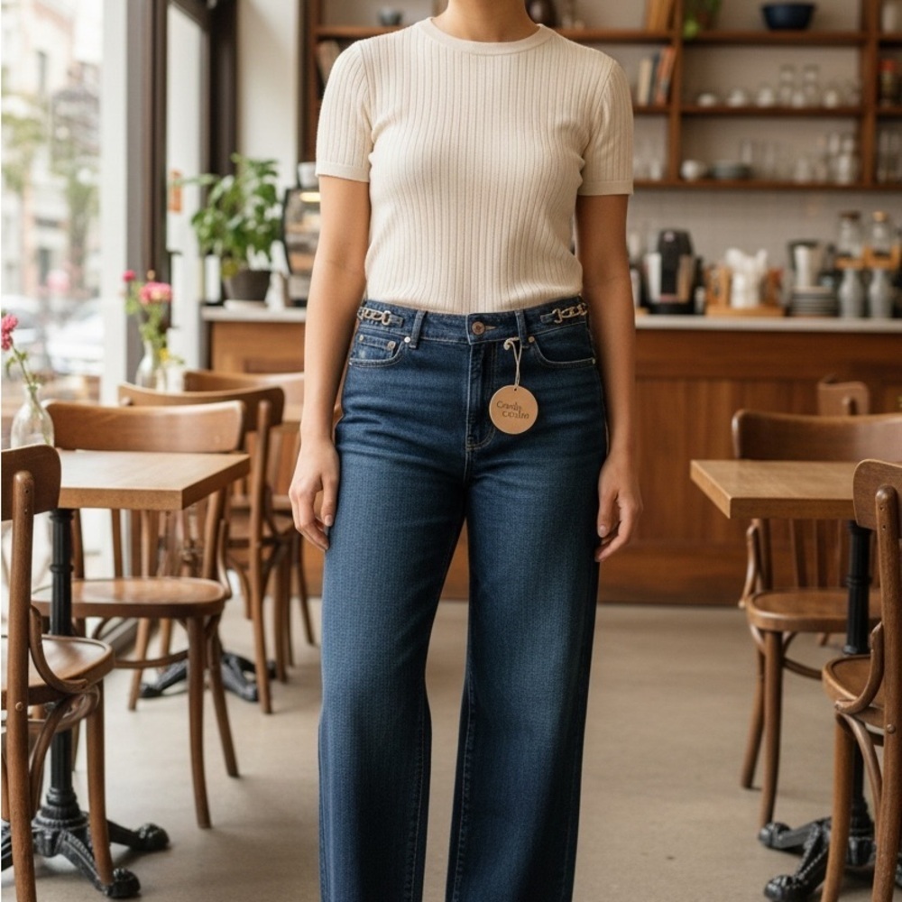 Camila Coelho High Rise Wide Leg Dark Blue Jeans